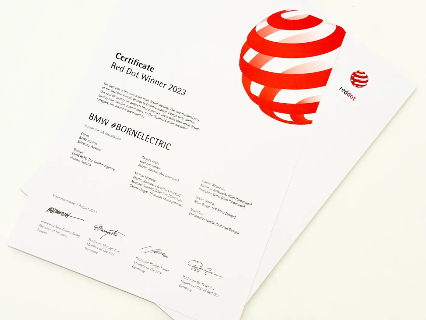 Red Dot Winner 2023 certificate for BMW #BORNELECTRIC, Interactive AR Installation