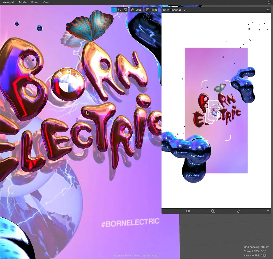Close-up of the 3D Born Electric lettering in Spark AR Studio, beside the visitor preview