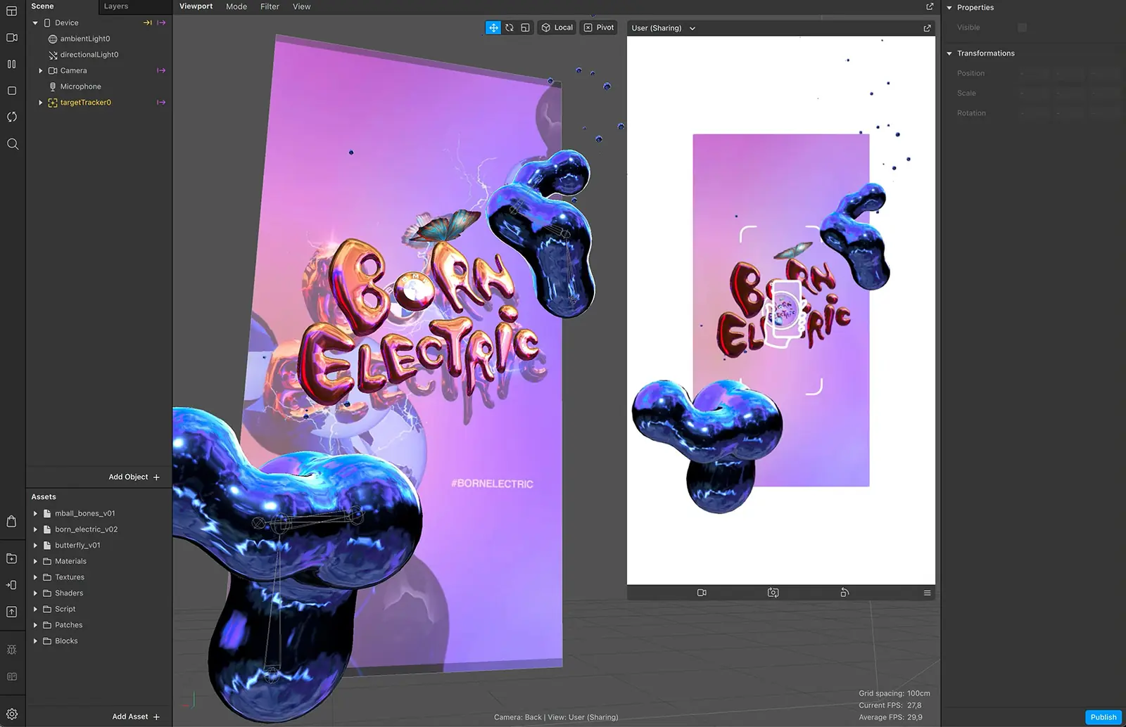 The Born Electric lens in Spark AR Studio, with the mural as tracking target and rigged metaballs