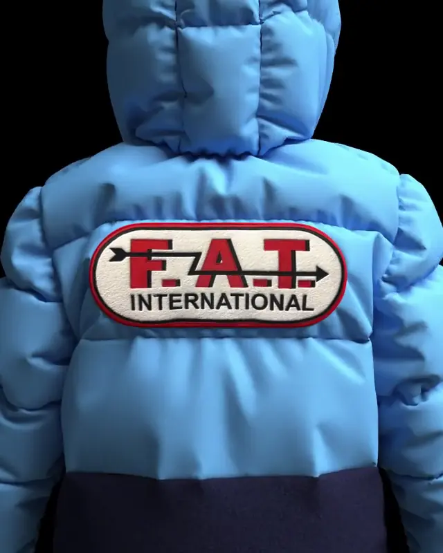 Close-up of the felt F.A.T. International patch and the quilting
