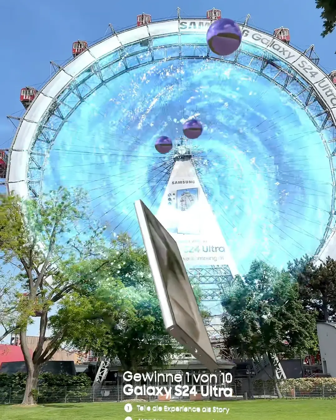 The animated galaxy filling the wheel, seen through the phone